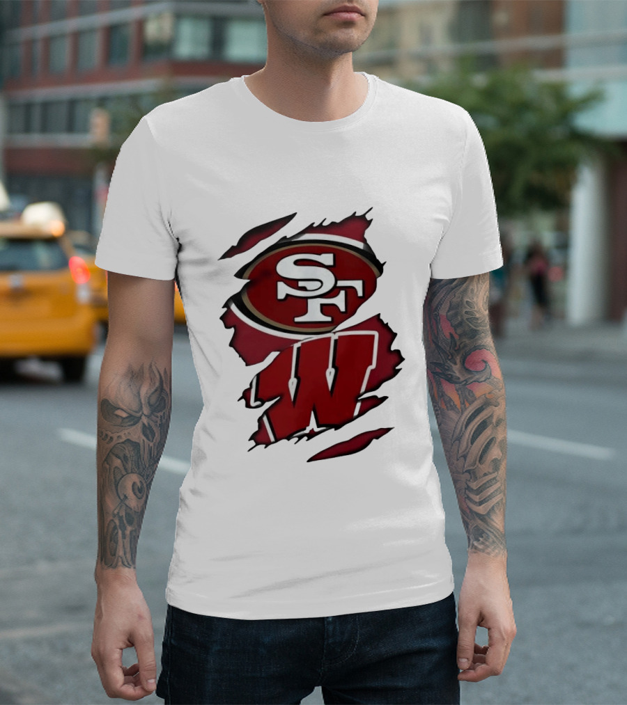 San Francisco 49ers SF And Wisconsin Badgers W Ripped Effect T-Shirt