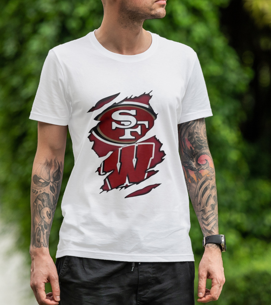 San Francisco 49ers SF And Wisconsin Badgers W Ripped Effect T-Shirt