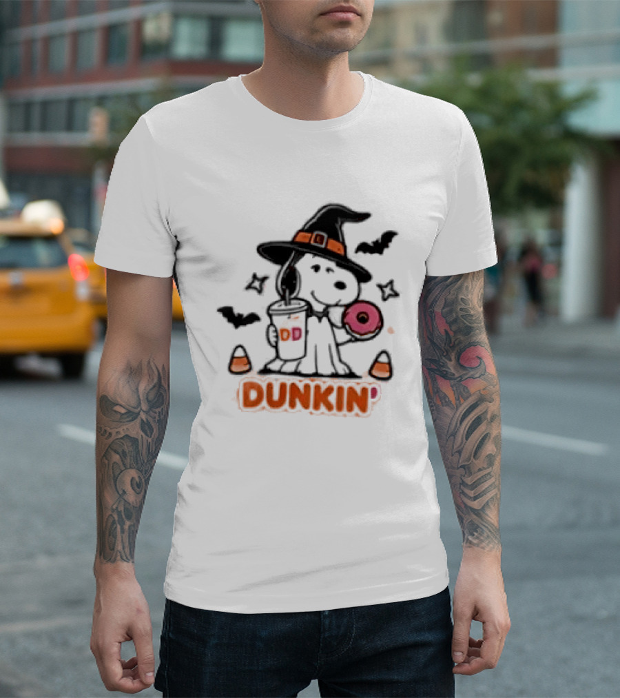Snoopy Dunkin Donuts Halloween Witch Doughnut Coffee Cup Bats Candy Corn T-Shirt