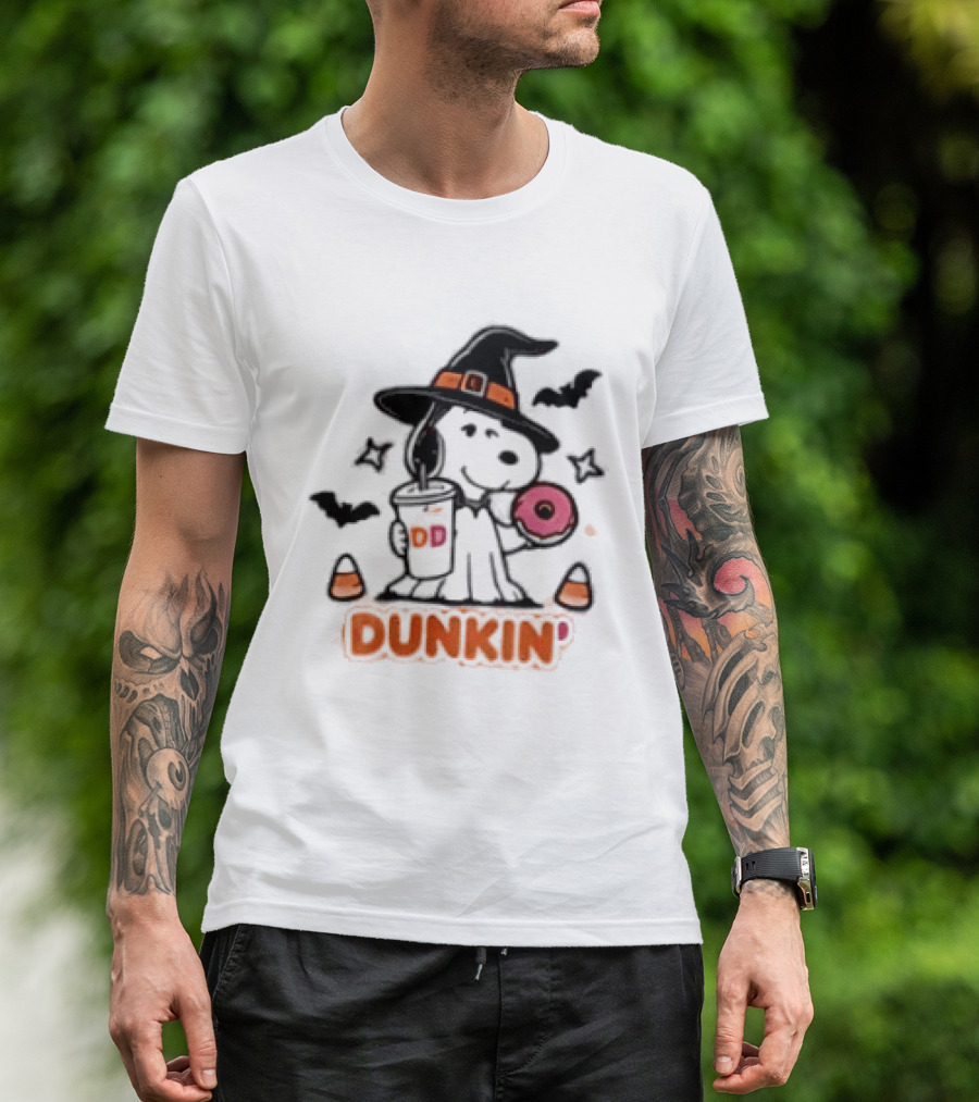 Snoopy Dunkin Donuts Halloween Witch Doughnut Coffee Cup Bats Candy Corn T-Shirt