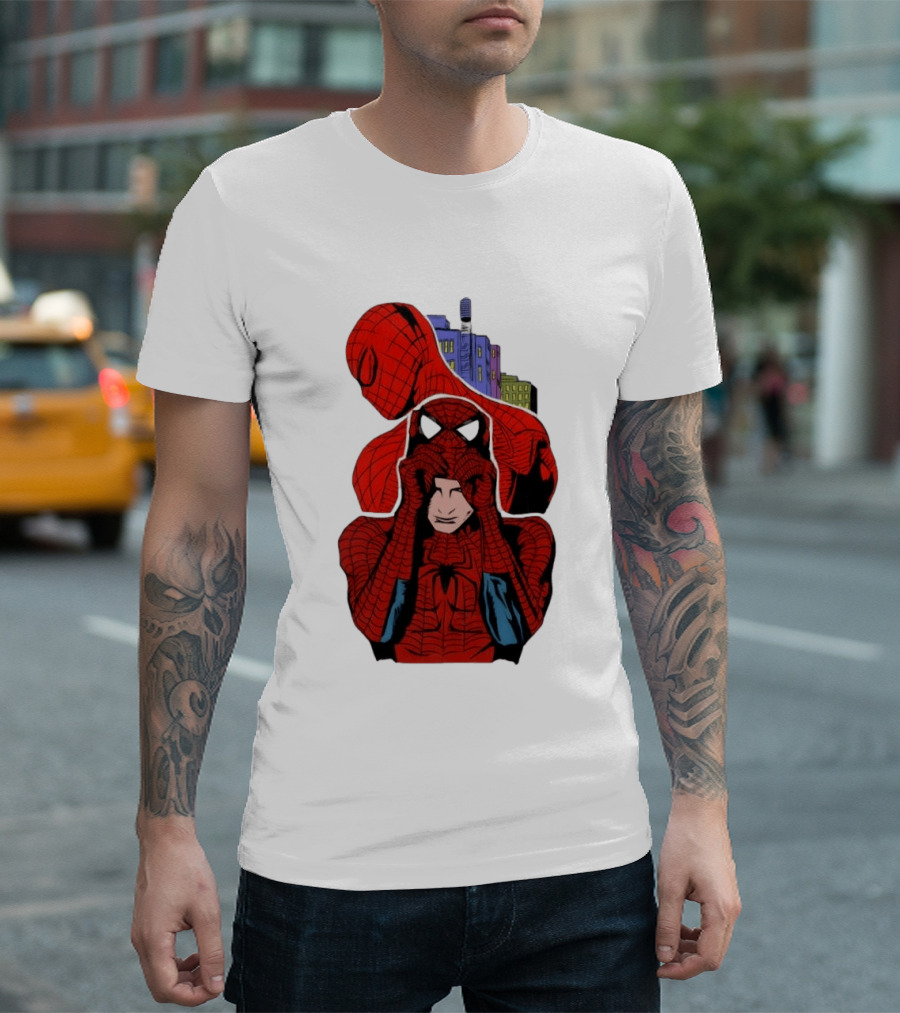 Marvel Spider Man Peter Parker Cityscape Collage T-Shirt