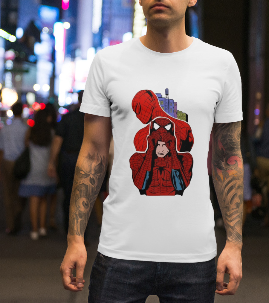 Marvel Spider Man Peter Parker Cityscape Collage T-Shirt