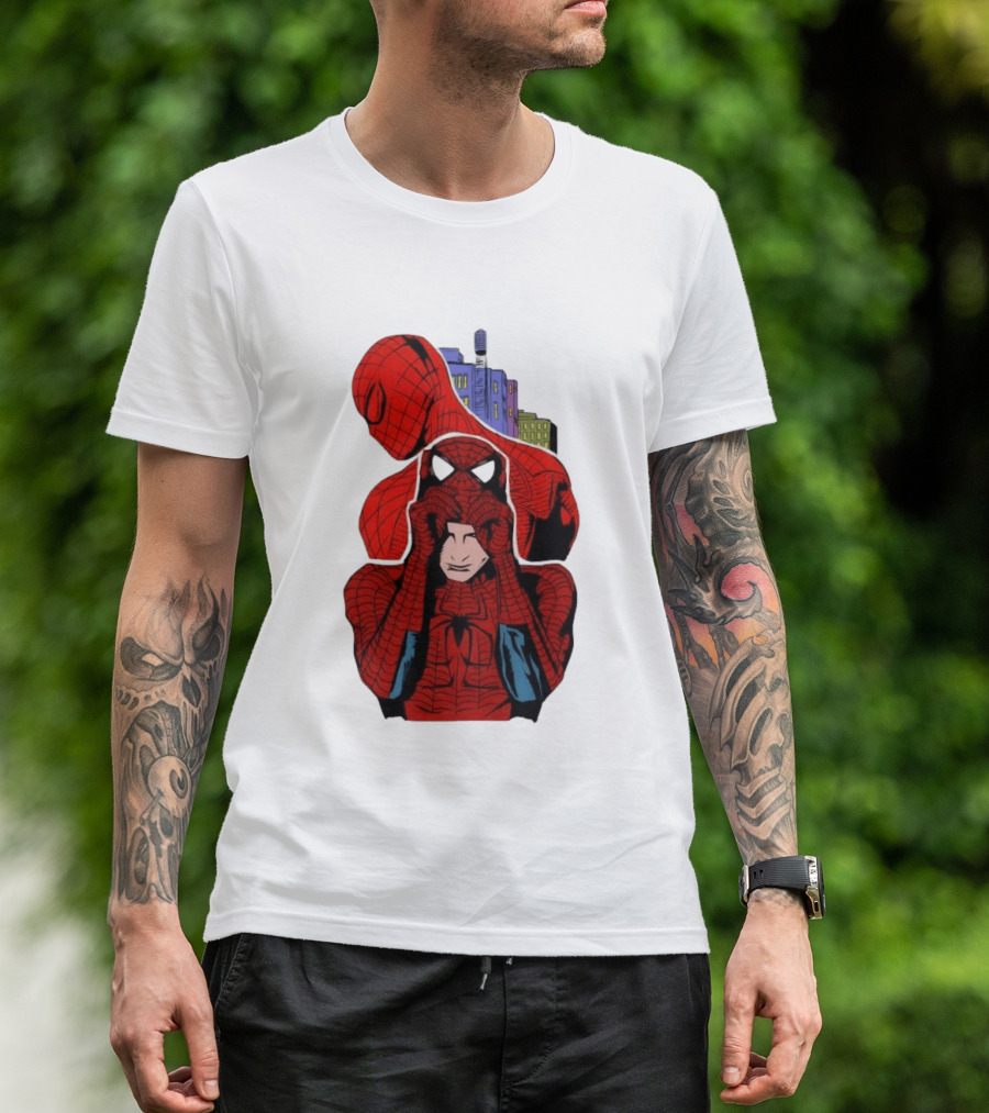 Marvel Spider Man Peter Parker Cityscape Collage T-Shirt