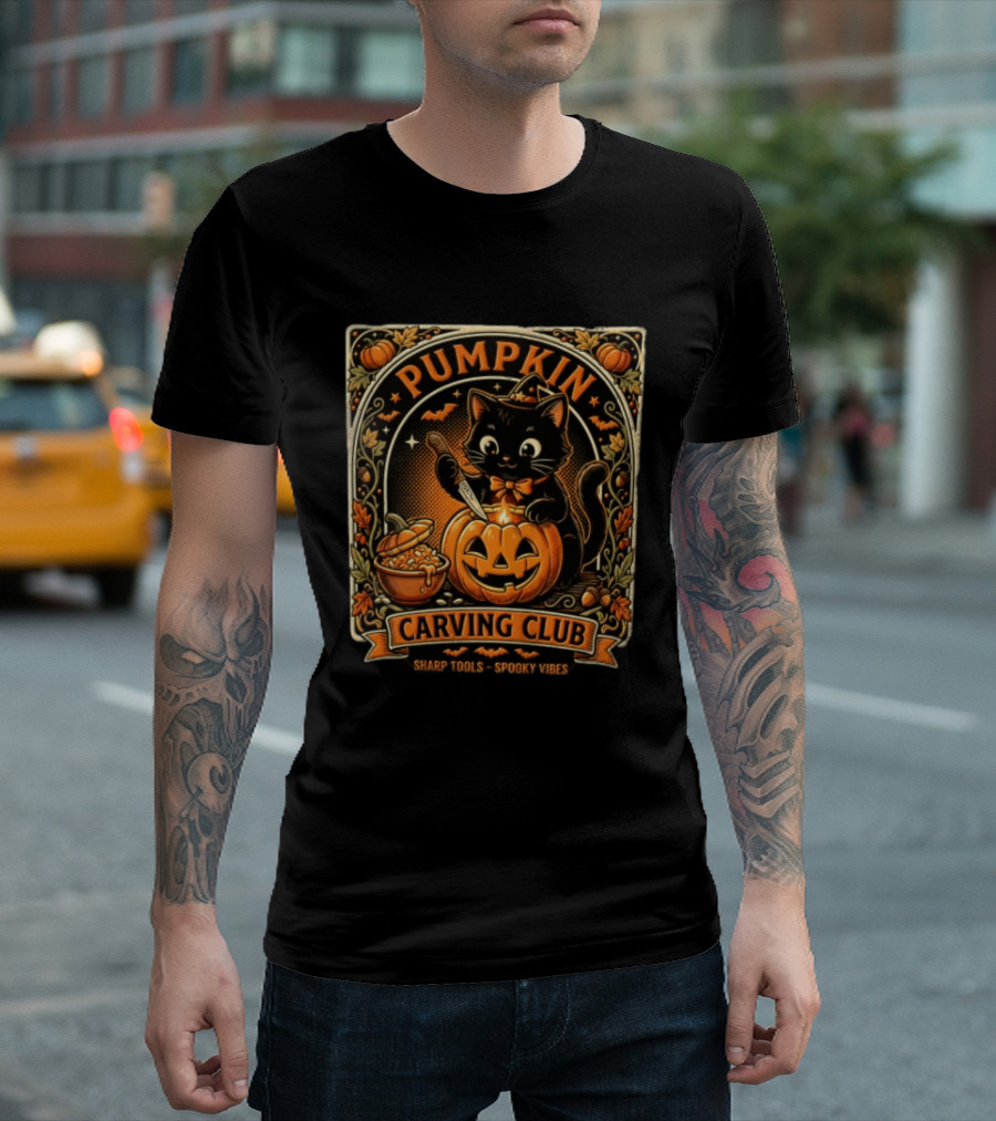 Pumpkin Carving Club Black Cat Sharp Tools Spooky Vibes T-Shirt