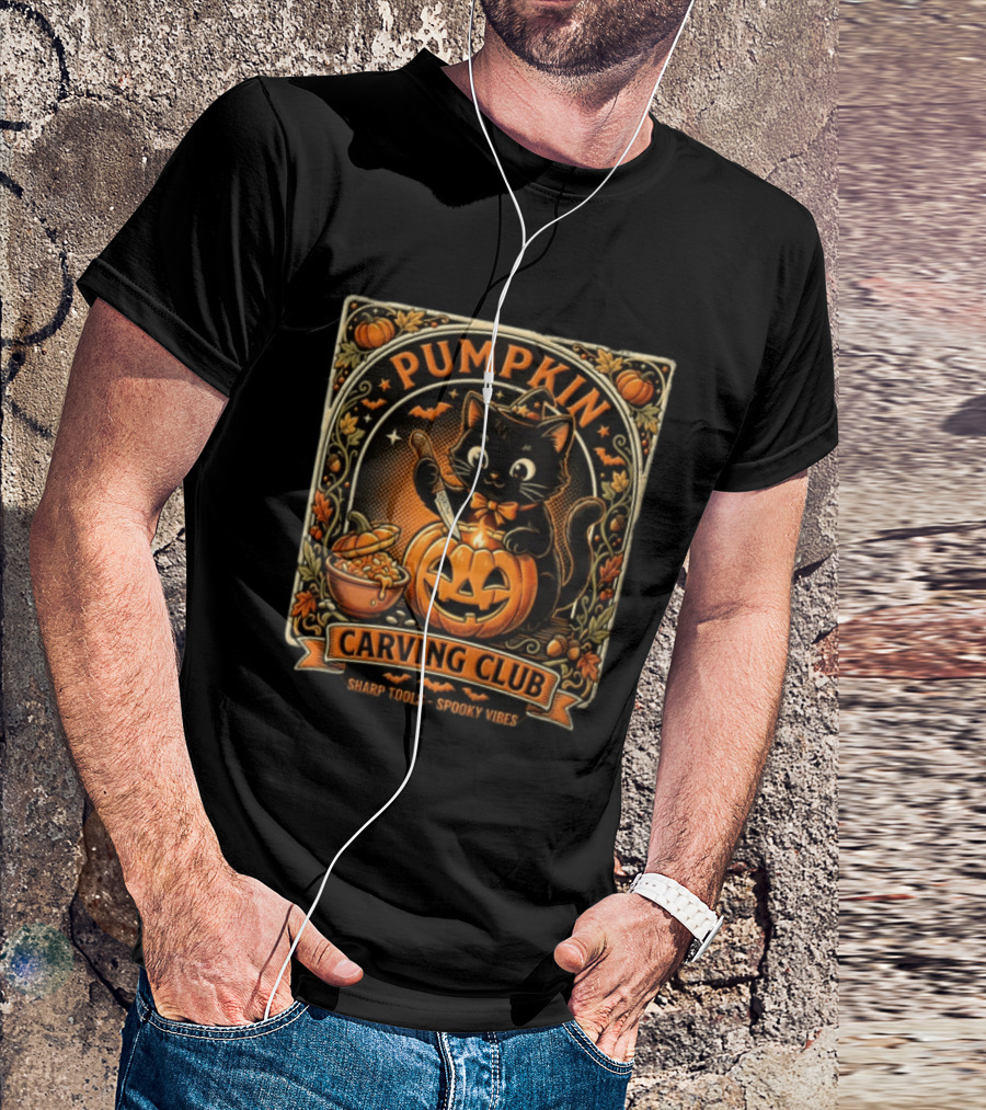 Pumpkin Carving Club Black Cat Sharp Tools Spooky Vibes T-Shirt