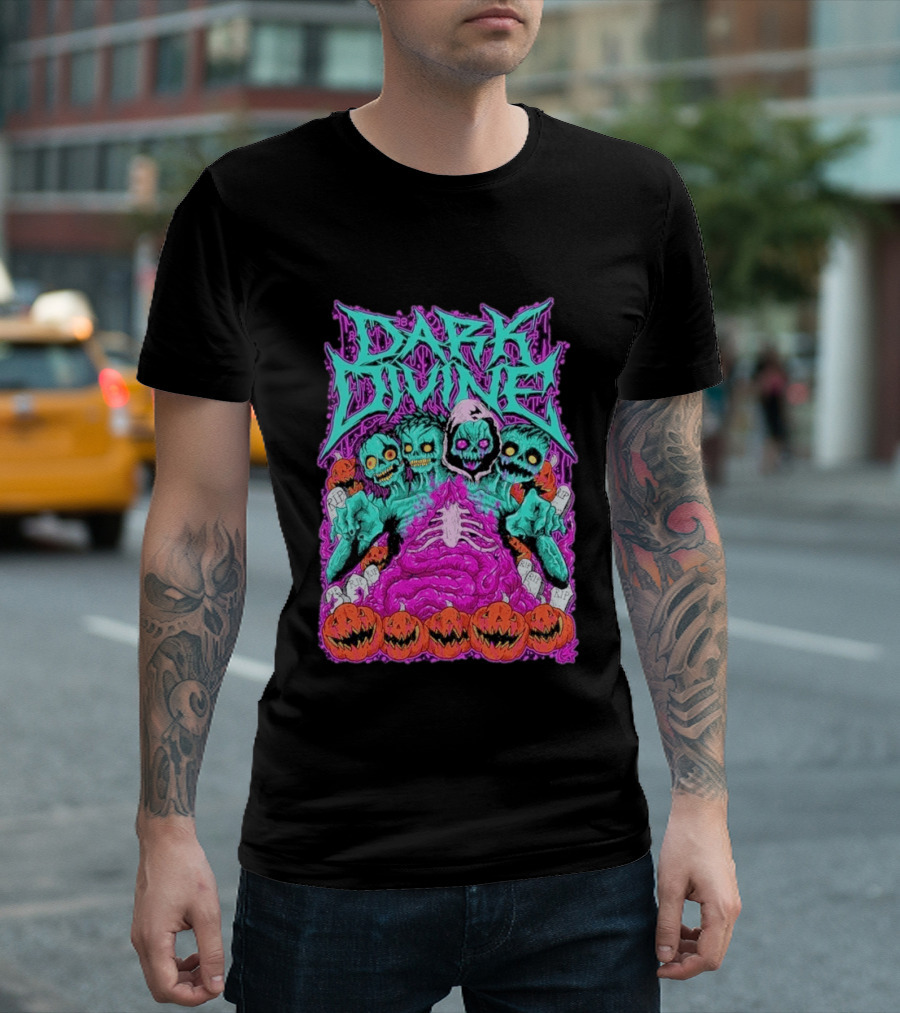 Dark Divine Skeletons With RIP Pumpkins T-Shirt