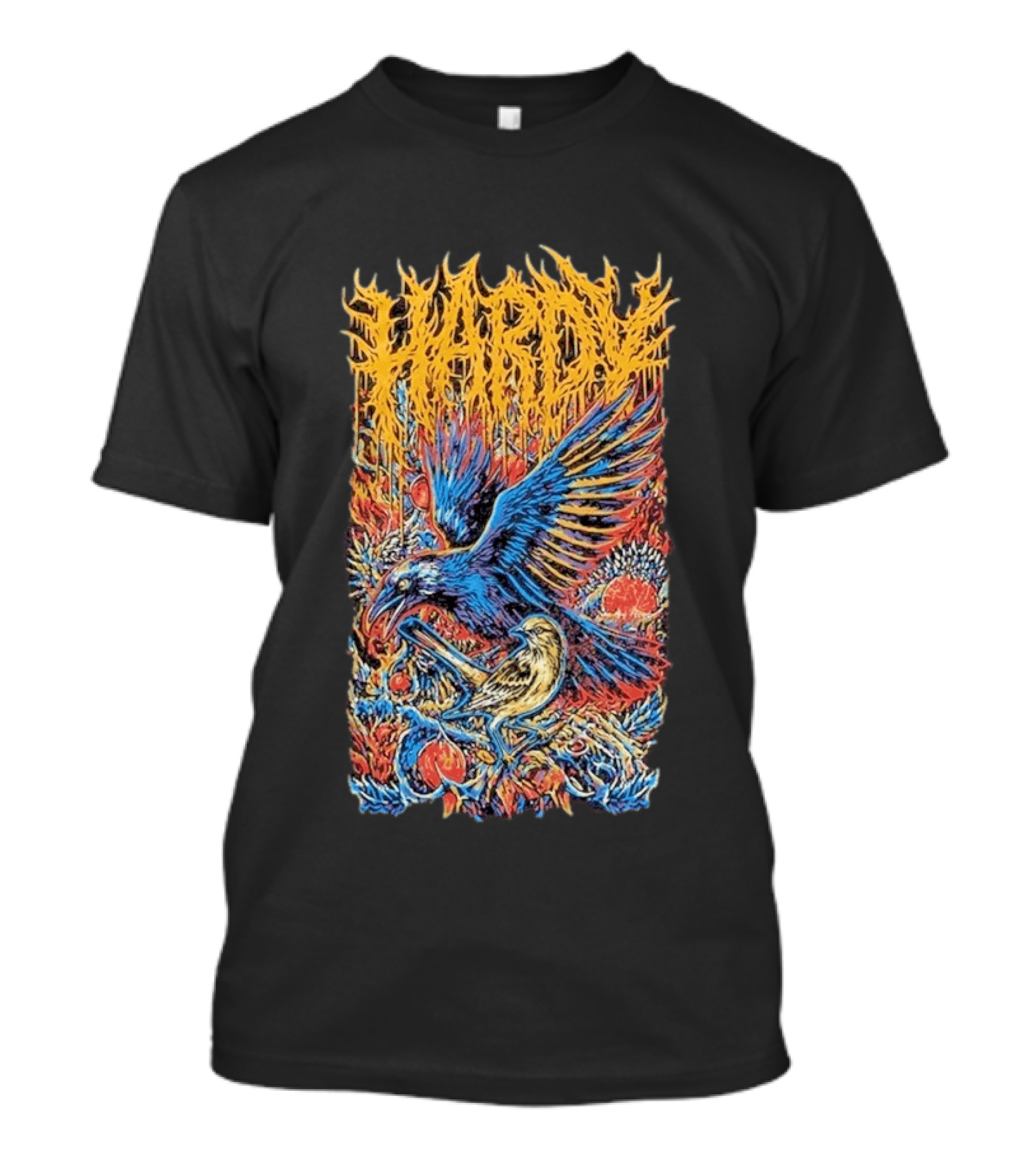Hardy Blue And Yellow Birds With Fruit In Fiery Scene T-Shirt