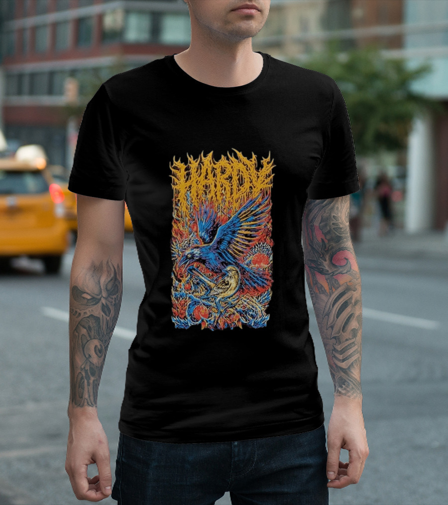 Hardy Blue And Yellow Birds With Fruit In Fiery Scene T-Shirt
