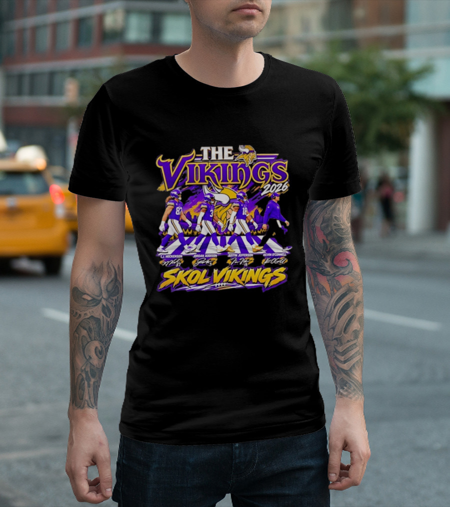 The Vikings 2026 J.J. Hockenson Jordan Addison Justin Jefferson Kevin O'Connell Skol Vikings T-Shirt