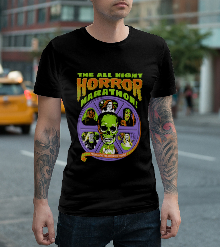 The All Night Horror Marathon Presented By The Hollywood Theatre Skulls And Monster Faces 2026 T-Shirt
