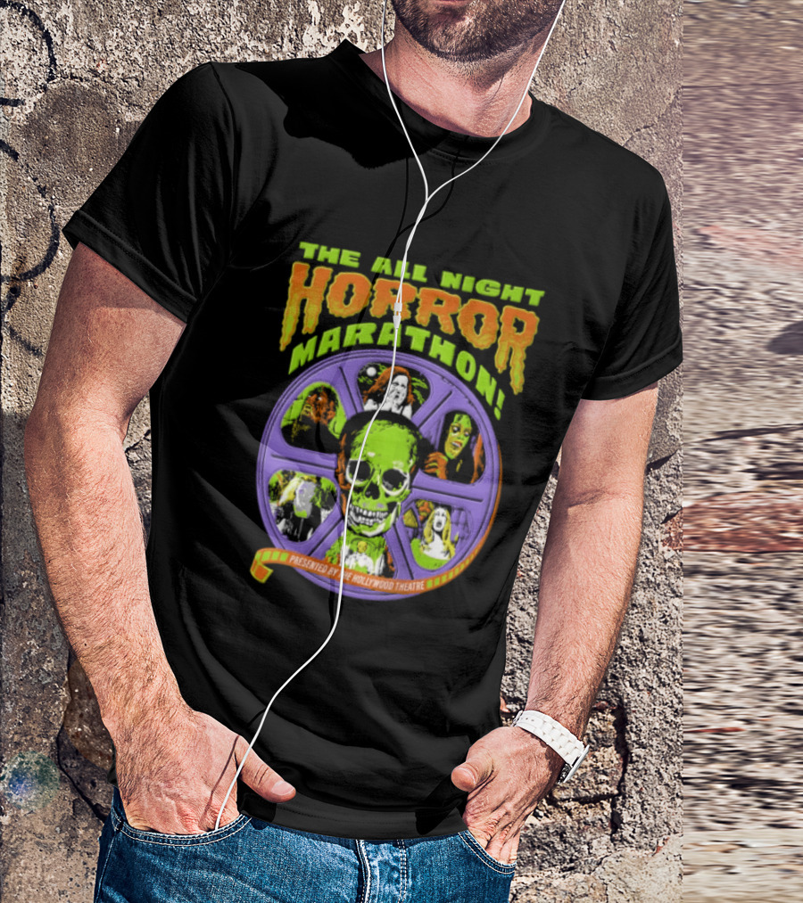 The All Night Horror Marathon Presented By The Hollywood Theatre Skulls And Monster Faces 2026 T-Shirt