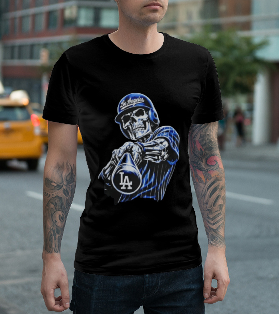 Los Angeles Dodgers Skeleton Baseball Player Pinstripe Jersey LA Cap T-Shirt