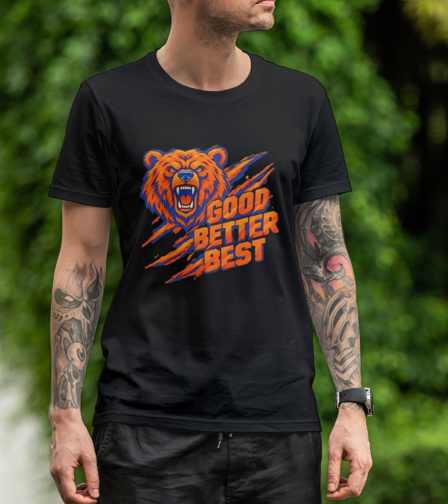 Good Better Best Grizzly Bear Claw Scratch Roaring Face Orange Blue T-Shirt
