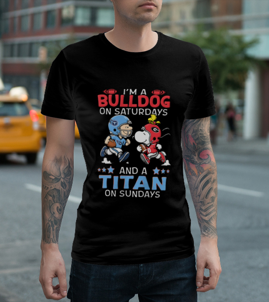 I'm A Bulldog On Saturdays And A Titan On Sundays Charlie Brown Snoopy Woodstock T-Shirt