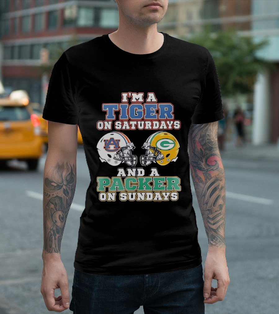 Auburn Tigers Saturdays Green Bay Packers Sundays Football Helmets T-Shirt