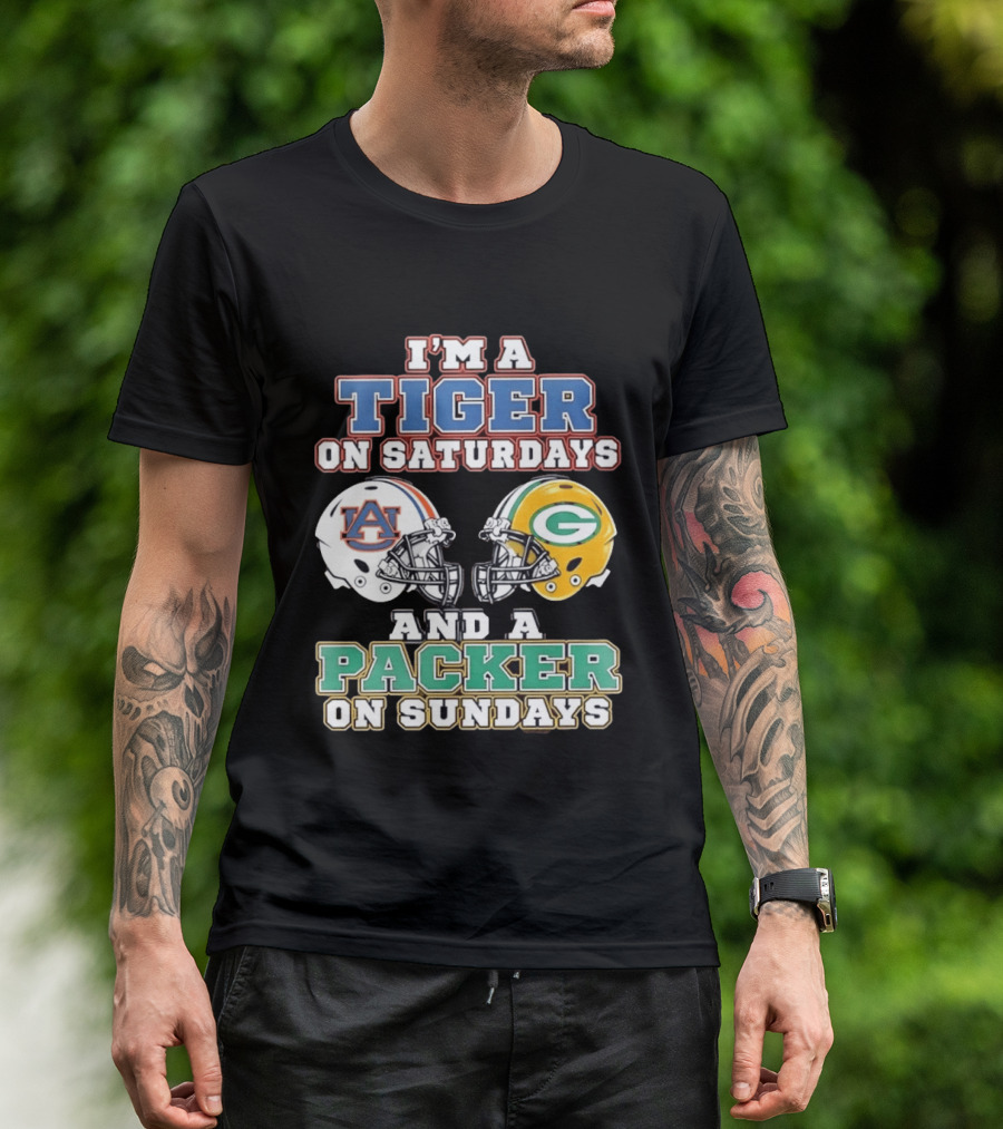 Auburn Tigers Saturdays Green Bay Packers Sundays Football Helmets T-Shirt