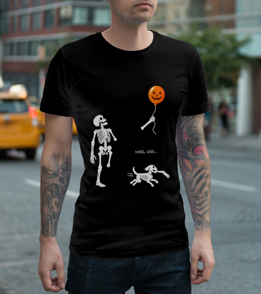 Skeleton Losing Halloween Pumpkin Balloon To Dog Well Shit T-Shirt