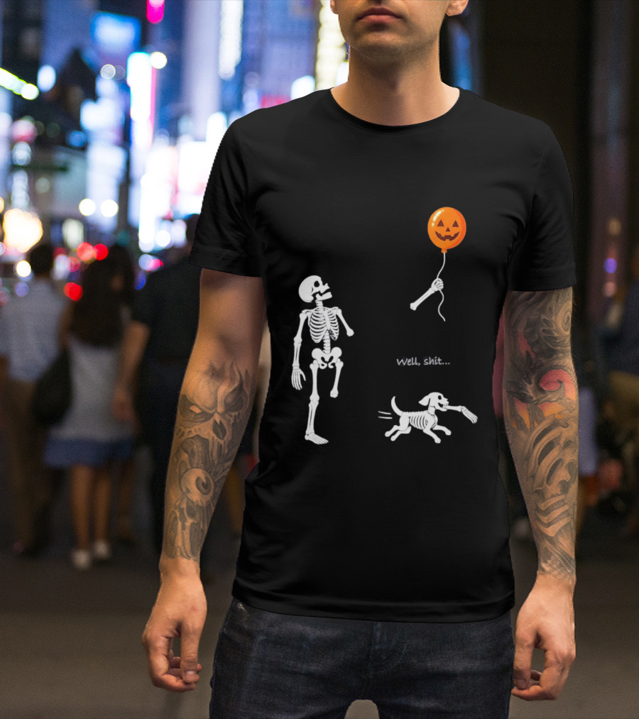 Skeleton Losing Halloween Pumpkin Balloon To Dog Well Shit T-Shirt