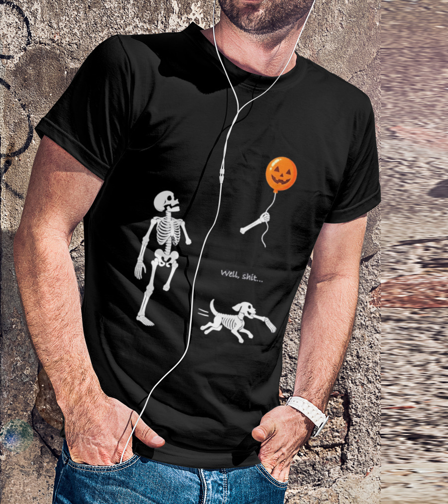 Skeleton Losing Halloween Pumpkin Balloon To Dog Well Shit T-Shirt