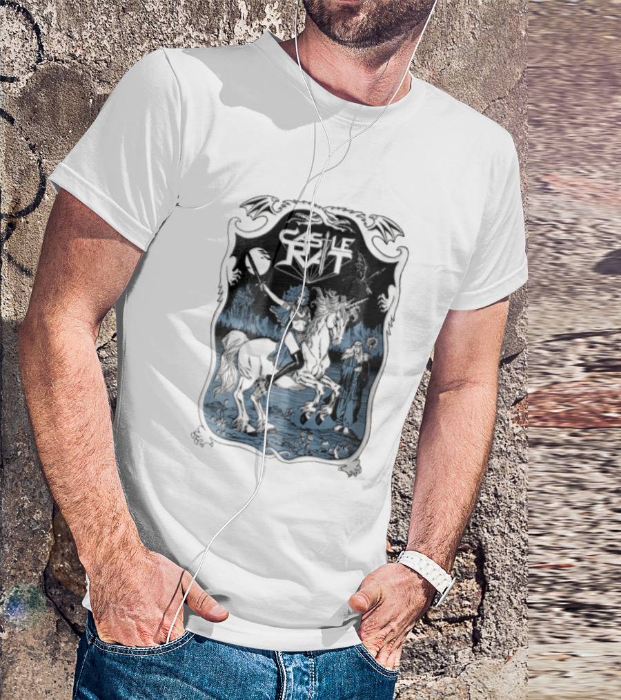 Castle Rat Warrior Woman Riding Unicorn Wizard Fantasy Scene T-Shirt
