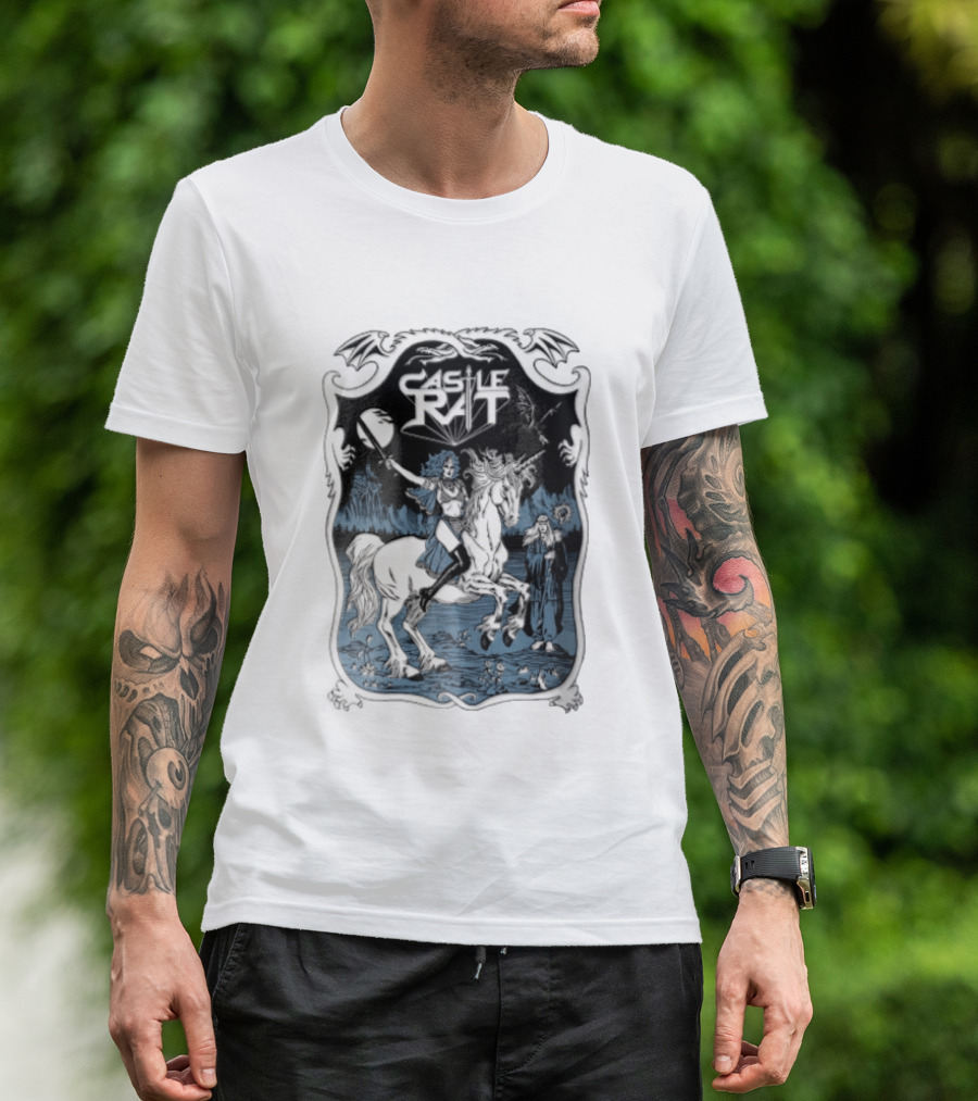 Castle Rat Warrior Woman Riding Unicorn Wizard Fantasy Scene T-Shirt