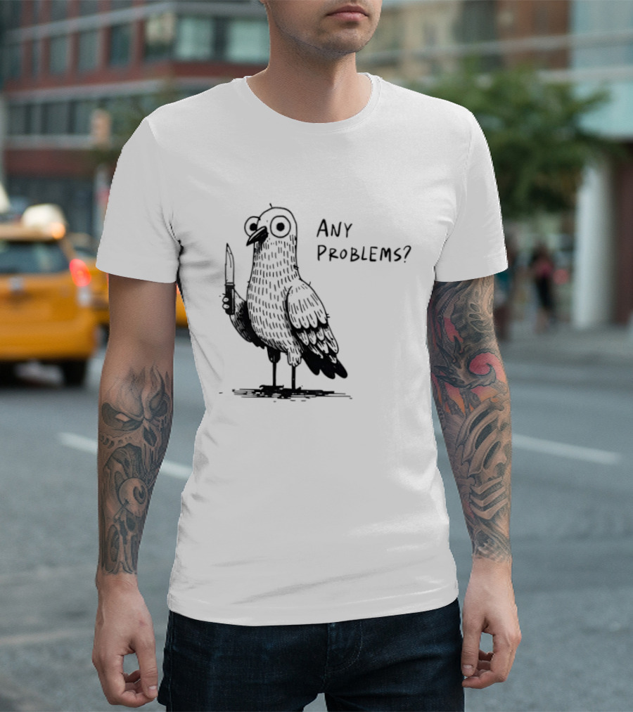 Pigeon With Knife Any Problems Retro Style Black Sketch T-Shirt
