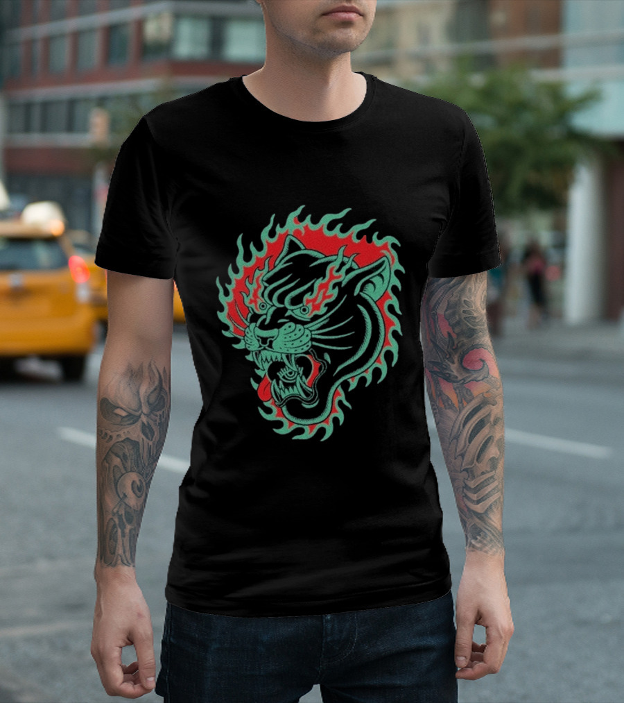 Bad Monday Panther Bite Heavy Flaming Green Red Panther T-Shirt
