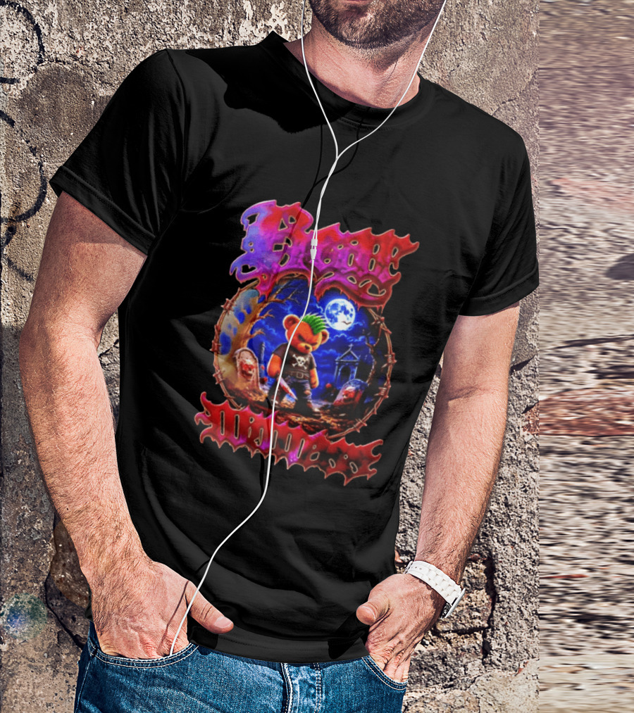 Bear Killers Punk Teddy Bear With Knife And Moonlit Graveyard Scene T-Shirt