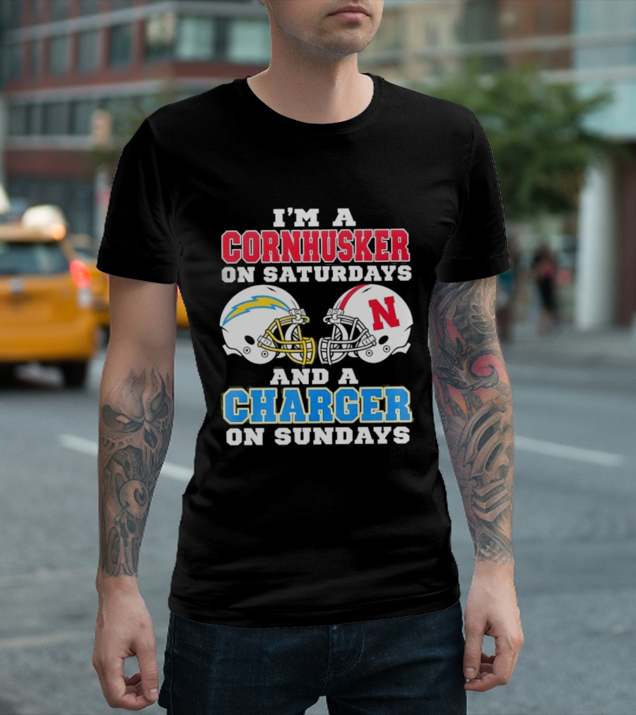 I'm A Cornhusker On Saturdays And A Charger On Sundays Football Fan Football Team Helmets T-Shirt