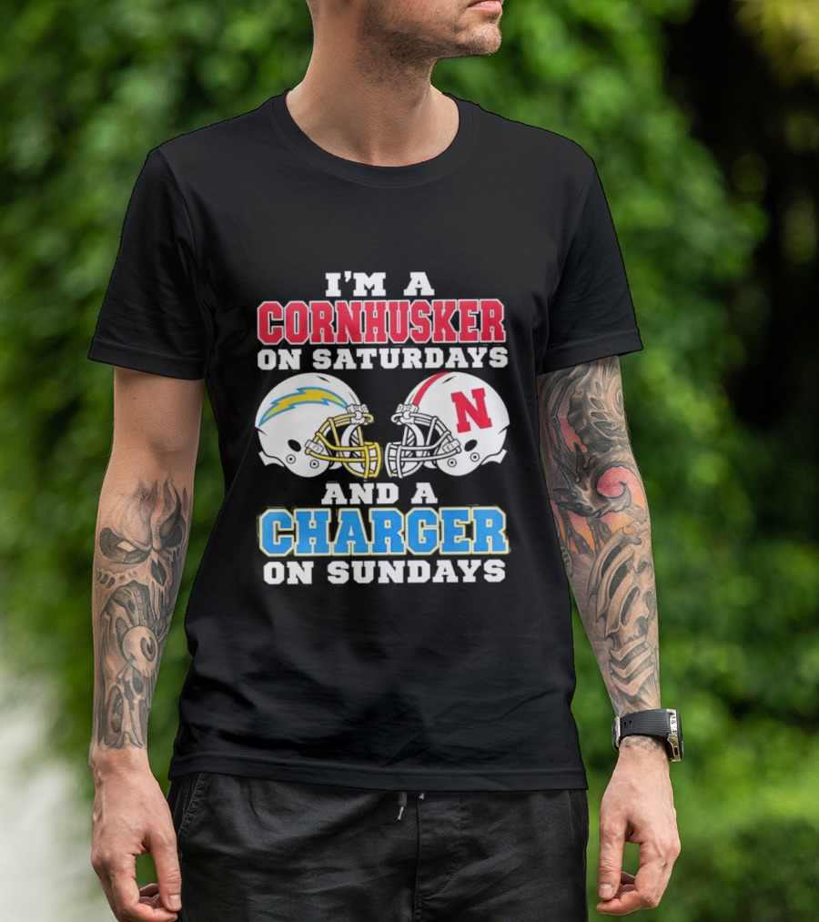 I'm A Cornhusker On Saturdays And A Charger On Sundays Football Fan Football Team Helmets T-Shirt