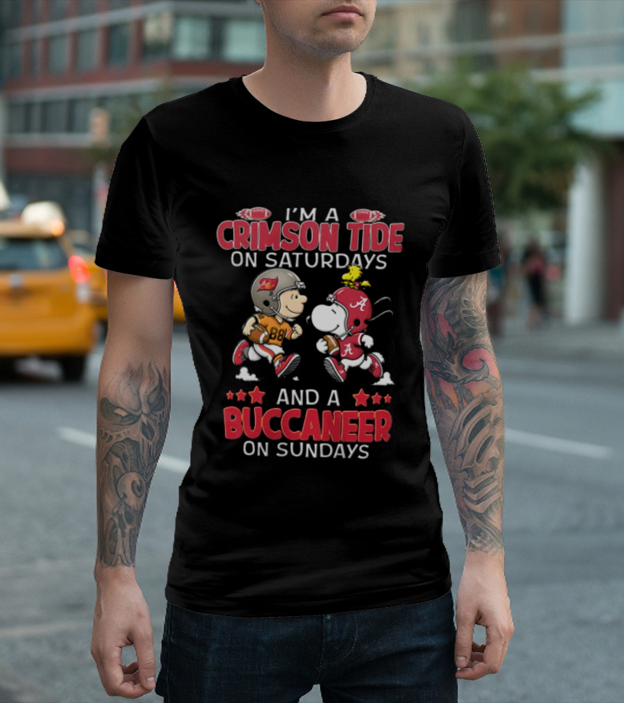 I'm A Crimson Tide On Saturdays And A Buccaneer On Sundays Charlie Brown Snoopy Woodstock T-Shirt