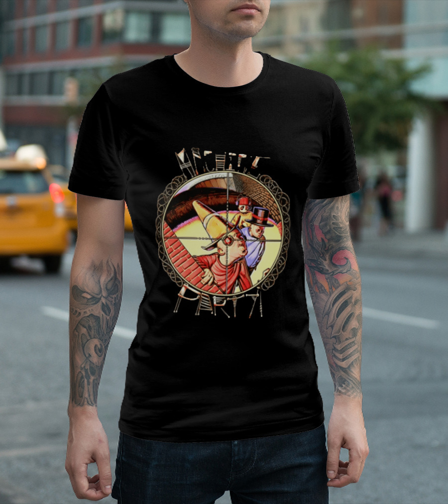 Machine Party Surreal Dark Fantasy Dystopian Vintage Cartoon Target Crosshair T-Shirt
