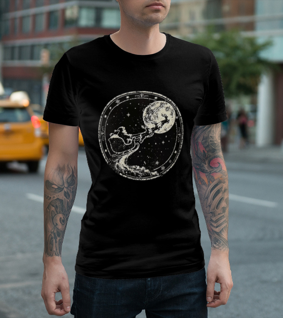 Santa Sleigh Flying Across Moonlit Night Vintage Stamp Christmas T-Shirt