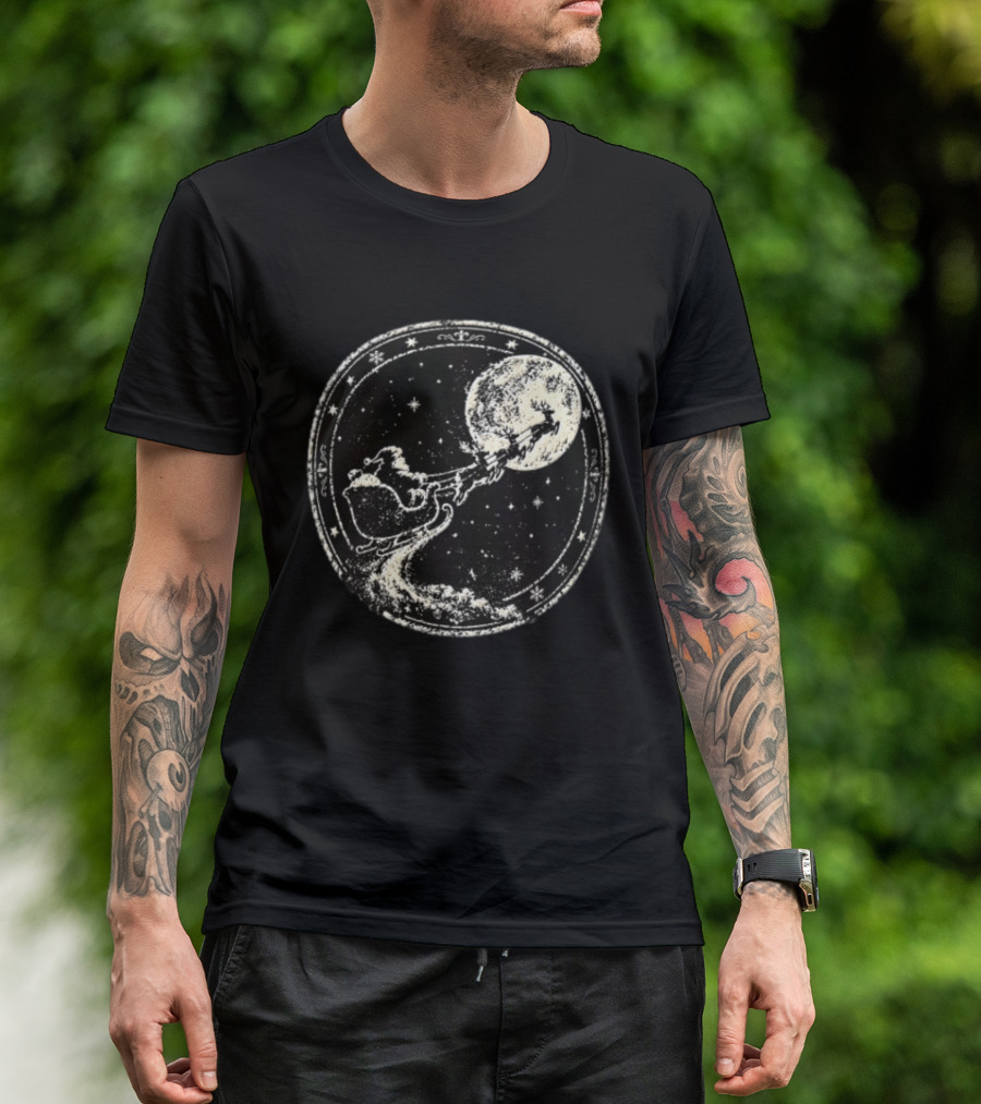 Santa Sleigh Flying Across Moonlit Night Vintage Stamp Christmas T-Shirt