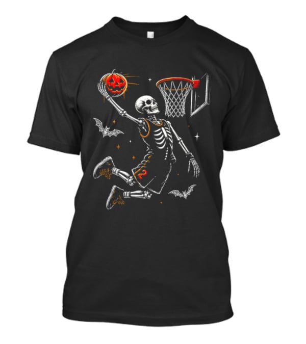 Halloween Skeleton Basketball Dunking Pumpkin Spooky Bats T-Shirt