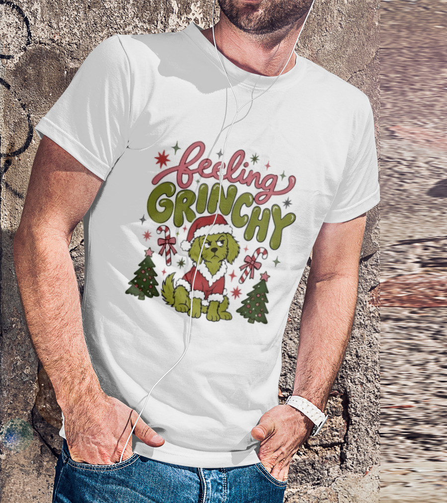 Feeling Grinchy Dog Christmas Santa Hat Candy Canes Trees T-Shirt