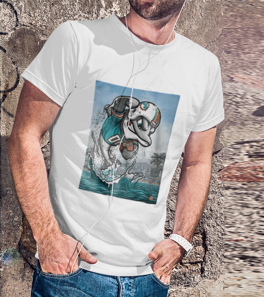 Miami Dolphins Garo Yepremian Fins Up 1972 Cartoon Dolphin Helmet Football T-Shirt