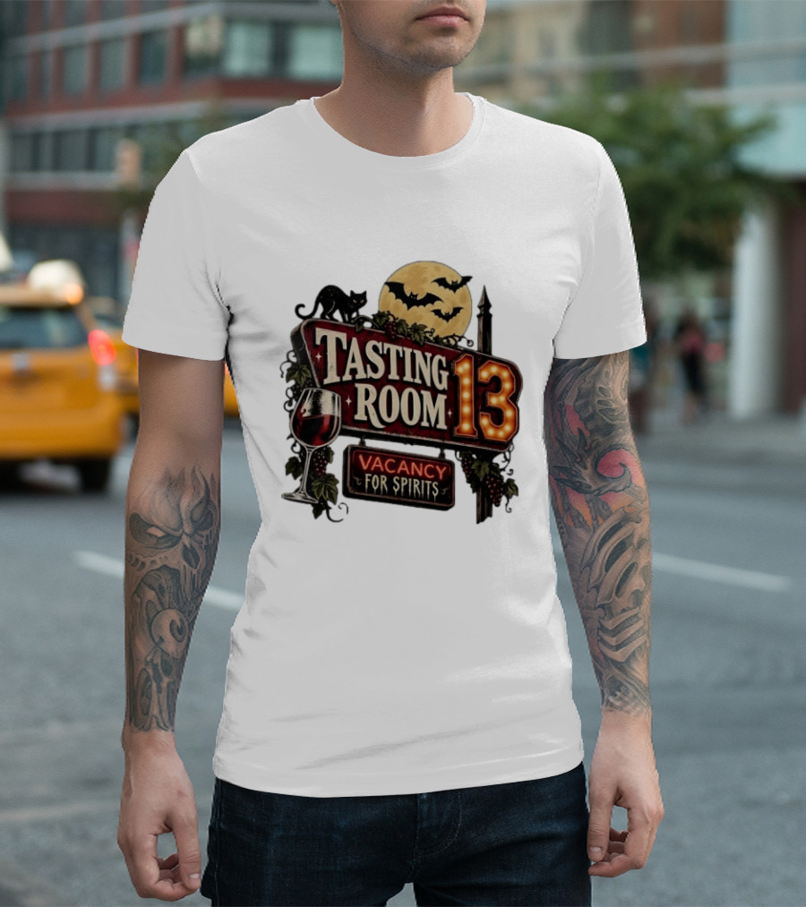 Tasting Room 13 Vacancy For Spirits Halloween Wine Moon Bats Cat T-Shirt
