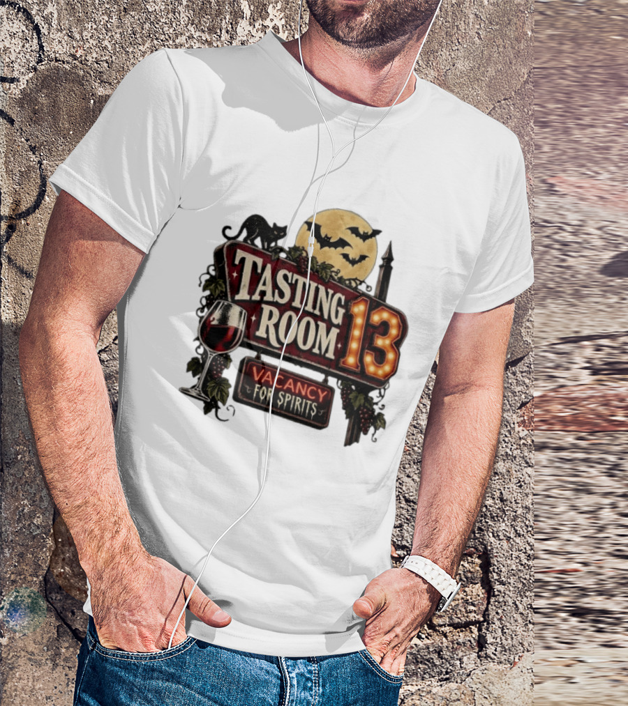 Tasting Room 13 Vacancy For Spirits Halloween Wine Moon Bats Cat T-Shirt
