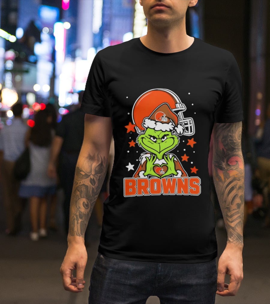 Grinch Heart Love Cleveland Browns Christmas Football T-Shirt