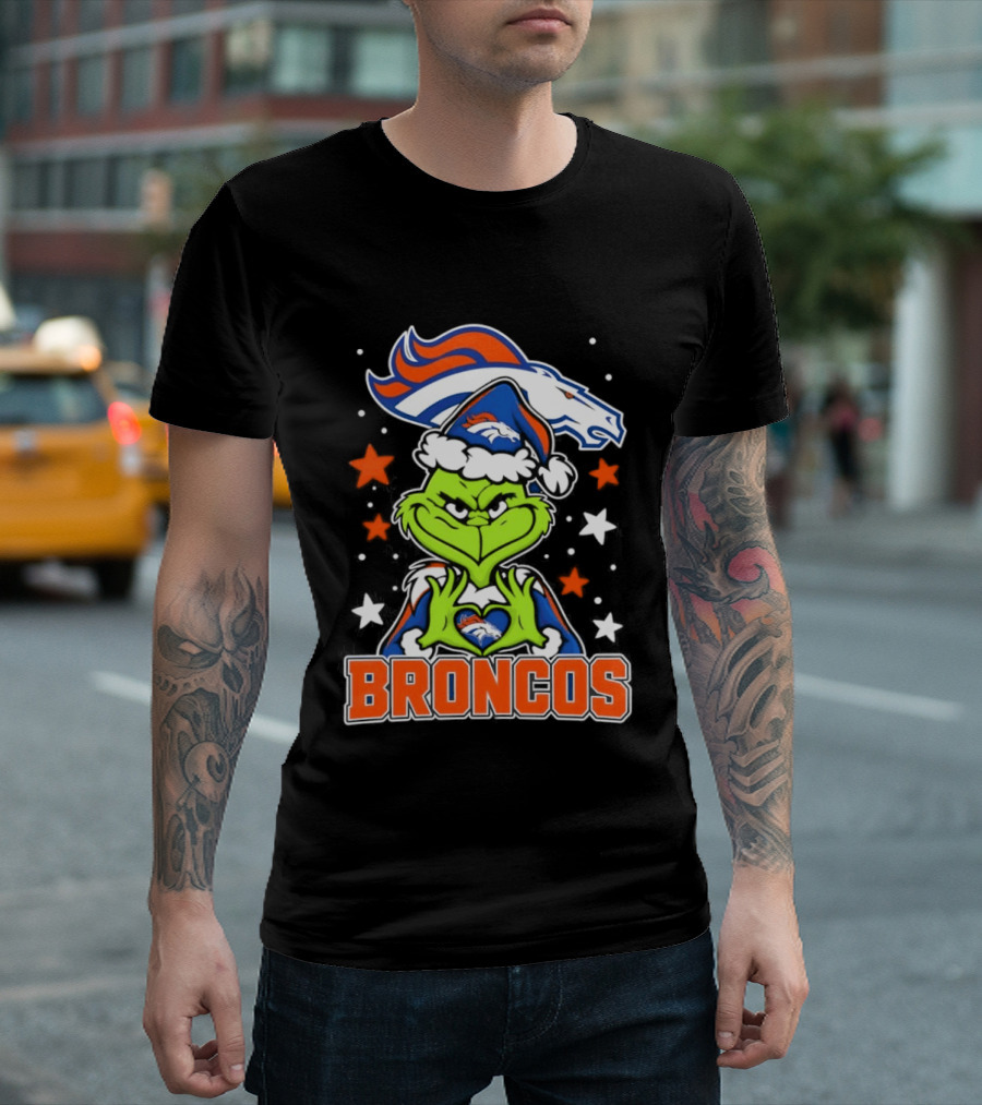 Broncos Christmas Grinch Heart Hands Love Denver Football T-Shirt