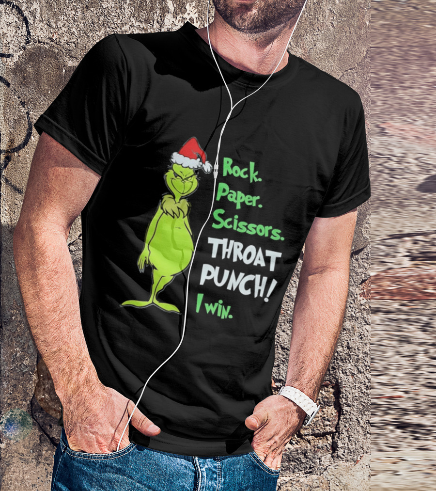Rock Paper Scissors Throat Punch I Win Grinch With Santa Hat T-Shirt
