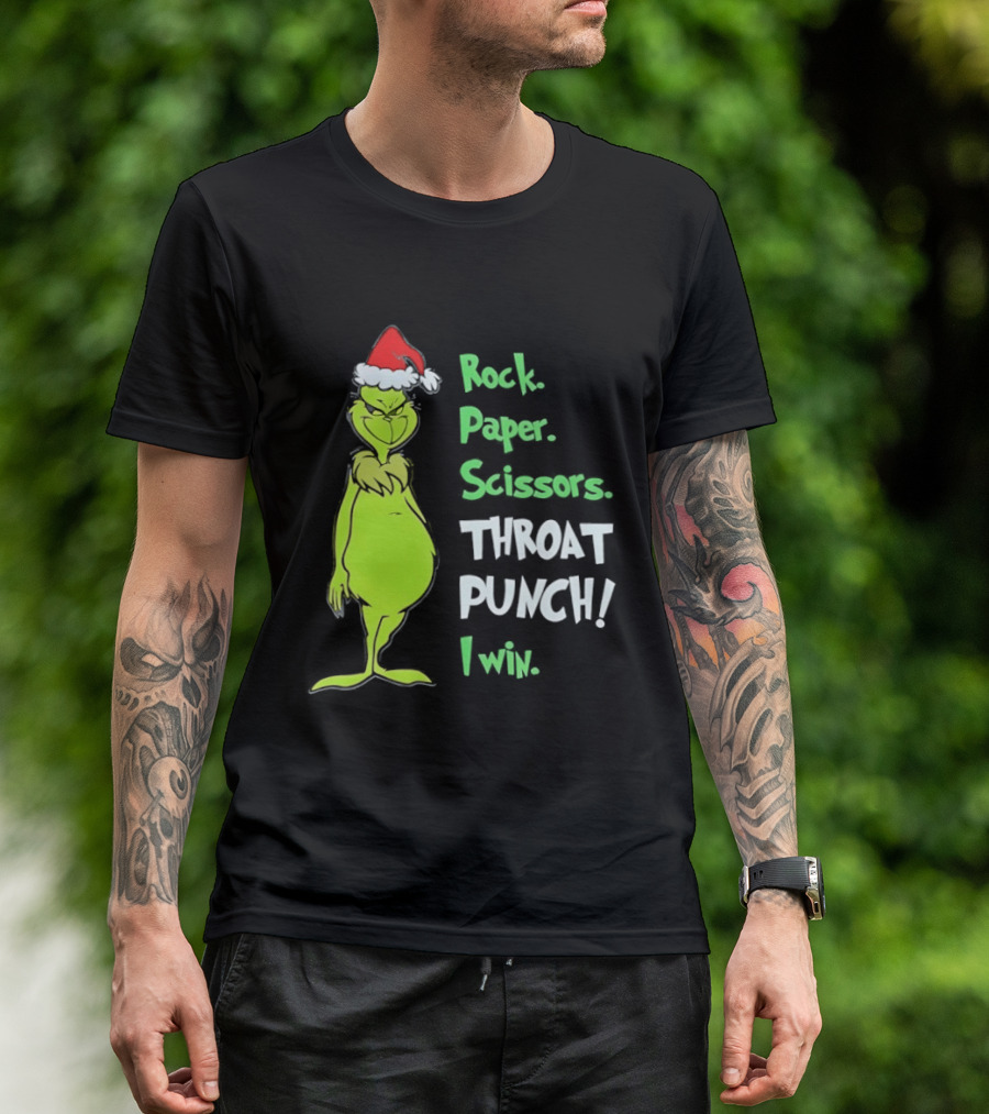 Rock Paper Scissors Throat Punch I Win Grinch With Santa Hat T-Shirt