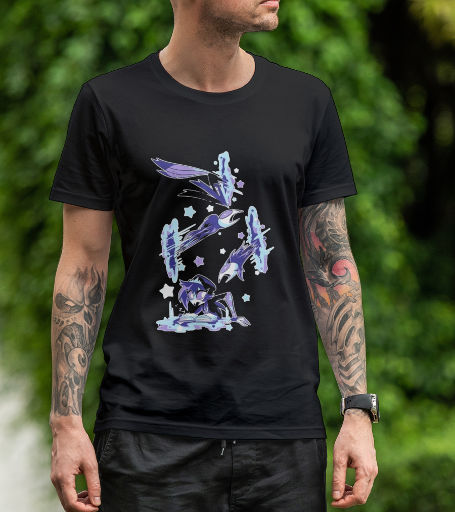 Shark Robot Octavia Portal Animated Illustration With Stars And Blue Avian T-Shirt
