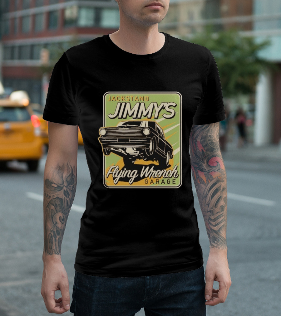 Jackstand Jimmy's Flying Wrench Garage Vintage Hot Rod Art Cleetus McFarland T-Shirt