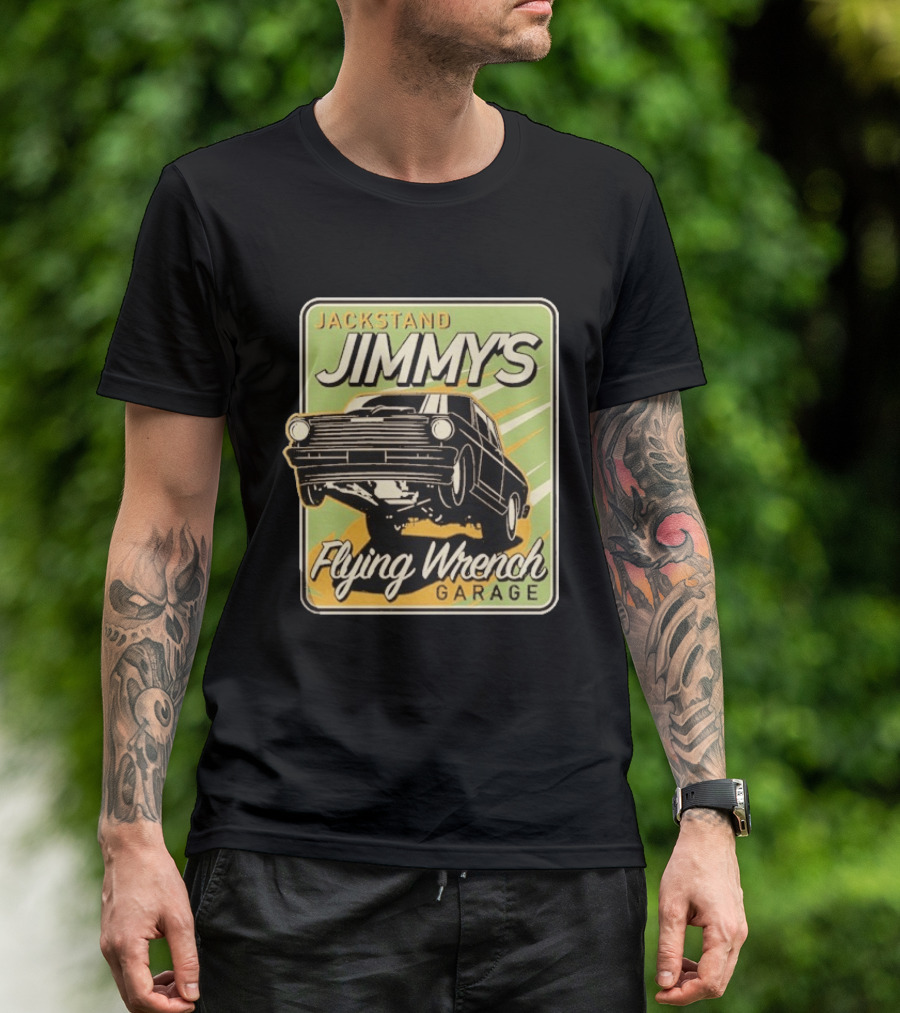 Jackstand Jimmy's Flying Wrench Garage Vintage Hot Rod Art Cleetus McFarland T-Shirt