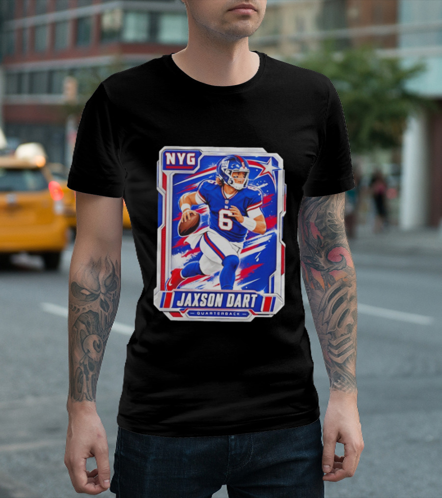 NYG Jaxson Dart 2026 Trading Card Blue Jersey Quarterback T-Shirt