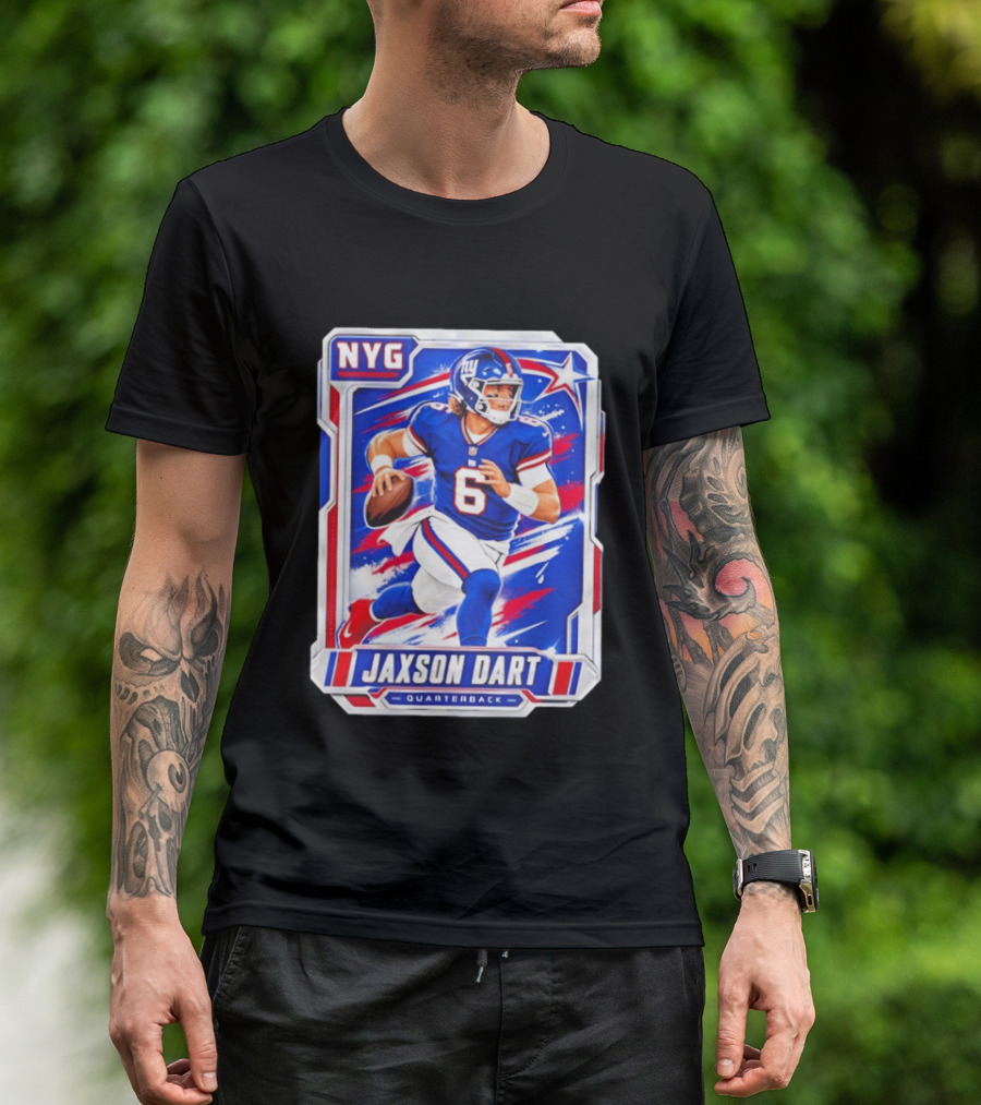 NYG Jaxson Dart 2026 Trading Card Blue Jersey Quarterback T-Shirt
