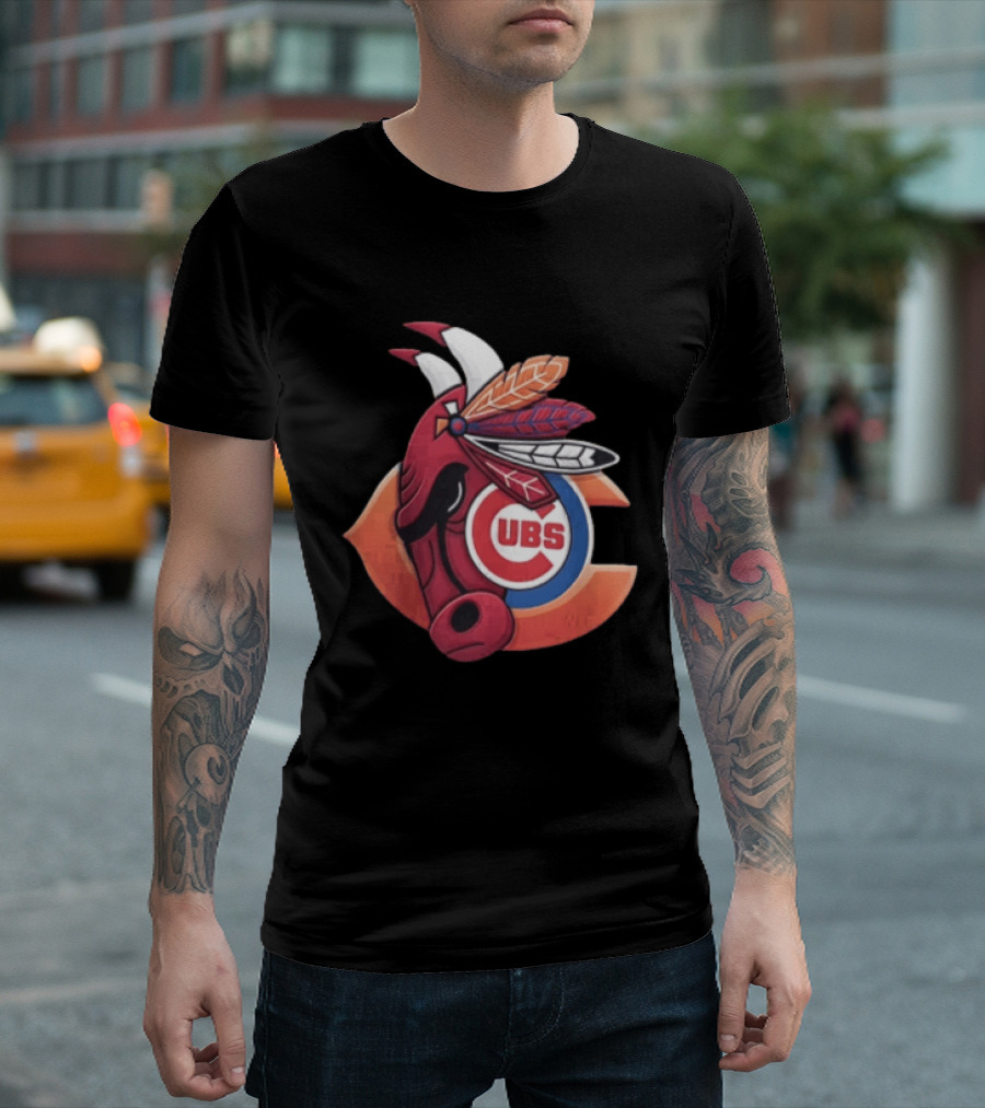 Chicago Bears Cubs Red Bull Native American Headdress T-Shirt