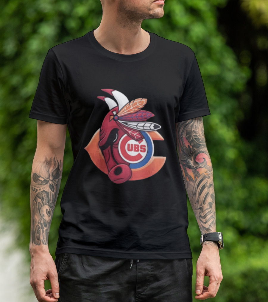 Chicago Bears Cubs Red Bull Native American Headdress T-Shirt